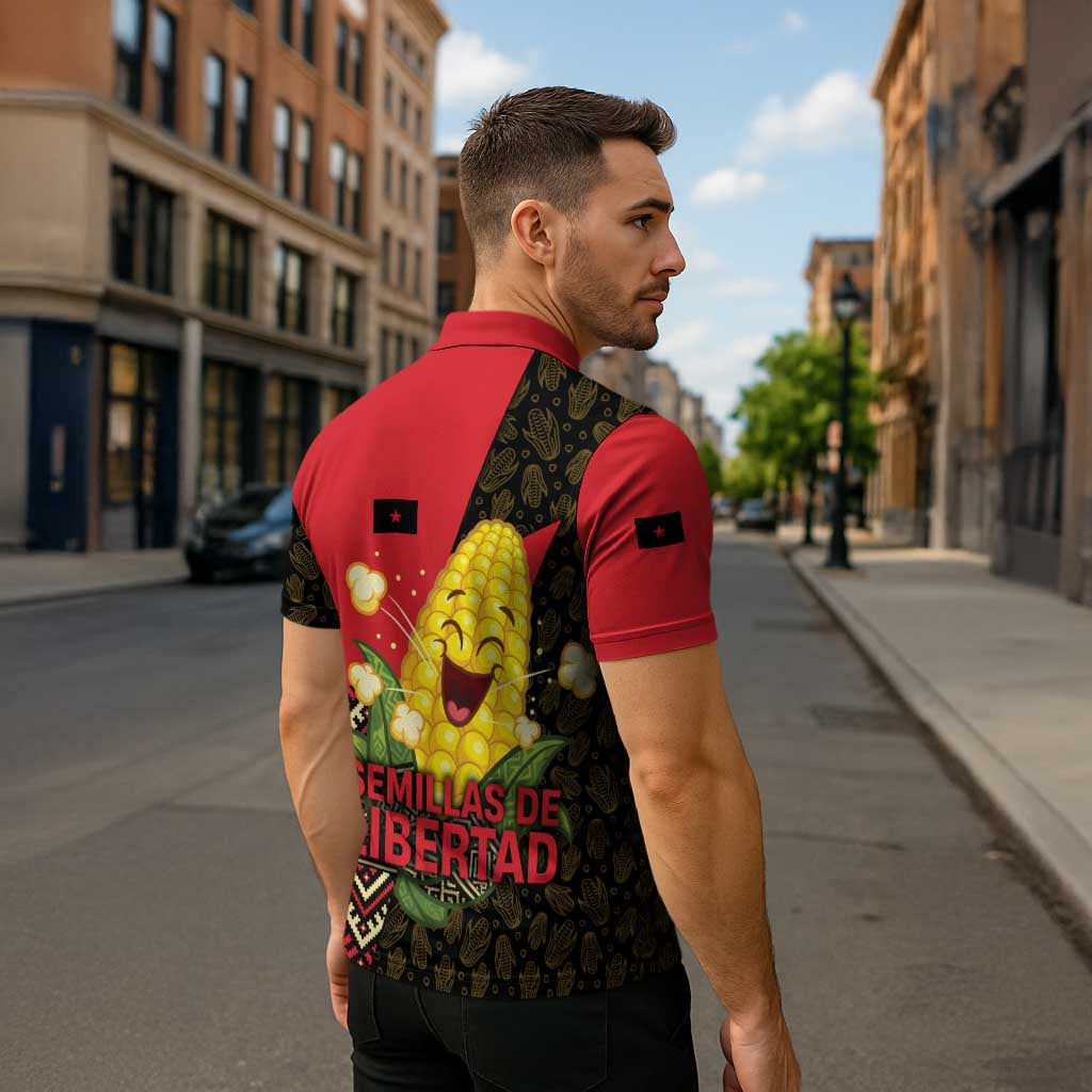 Zapatista Territories Zipper Polo Shirt Mexico with Corn Graphic and Indigenous Pattern Semillas de Libertad - Wonder Print Shop