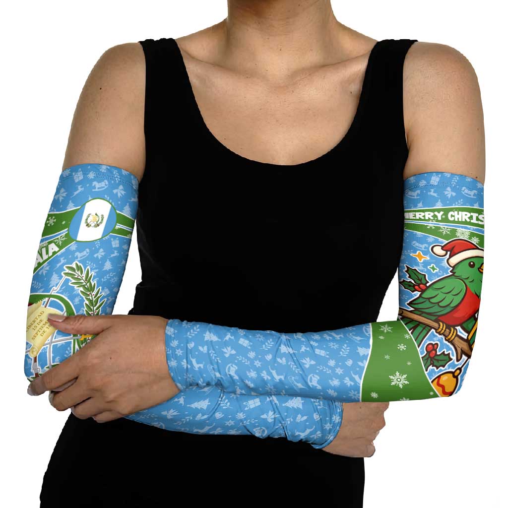 Guatemala Christmas Arm Sleeves with Blue Green Christmas Quetzal Bird Gift and Coat of Arms - Wonder Print Shop