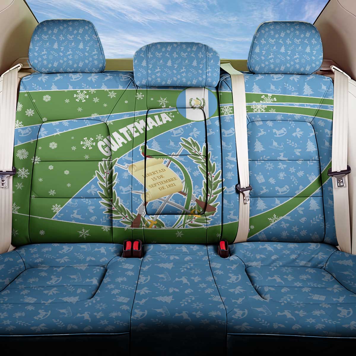 Guatemala Christmas Back Car Seat Cover with Blue Green Christmas Quetzal Bird Gift and Coat of Arms - Wonder Print Shop