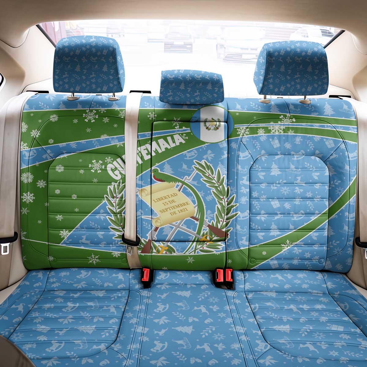 Guatemala Christmas Back Car Seat Cover with Blue Green Christmas Quetzal Bird Gift and Coat of Arms - Wonder Print Shop
