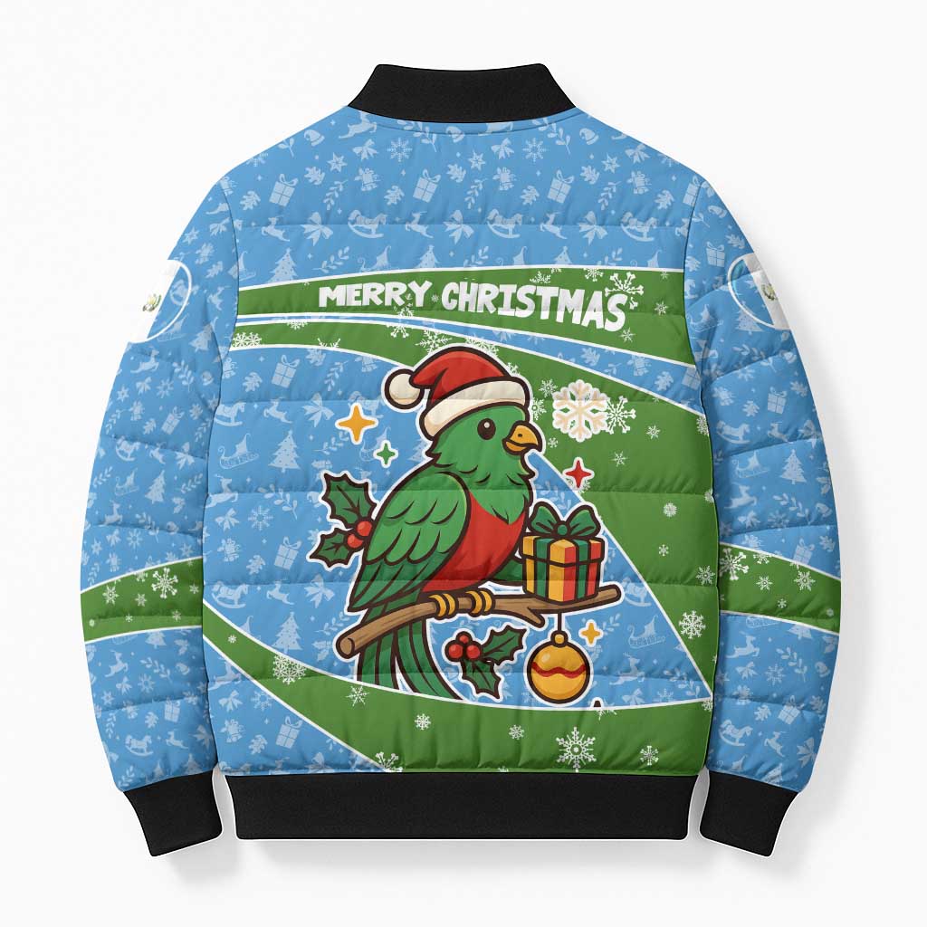 Guatemala Christmas Bomber Puffer Jacket with Blue Green Christmas Quetzal Bird Gift and Coat of Arms - Wonder Print Shop