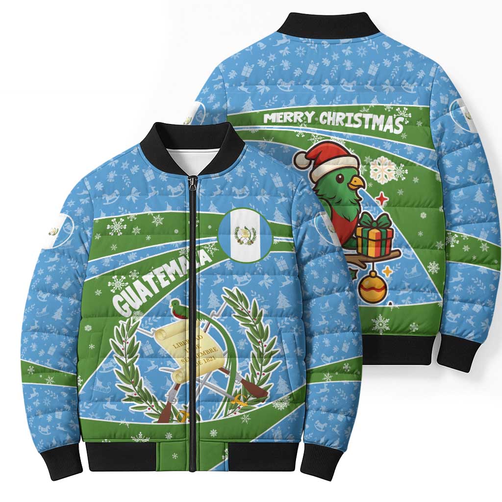 Guatemala Christmas Bomber Puffer Jacket with Blue Green Christmas Quetzal Bird Gift and Coat of Arms - Wonder Print Shop
