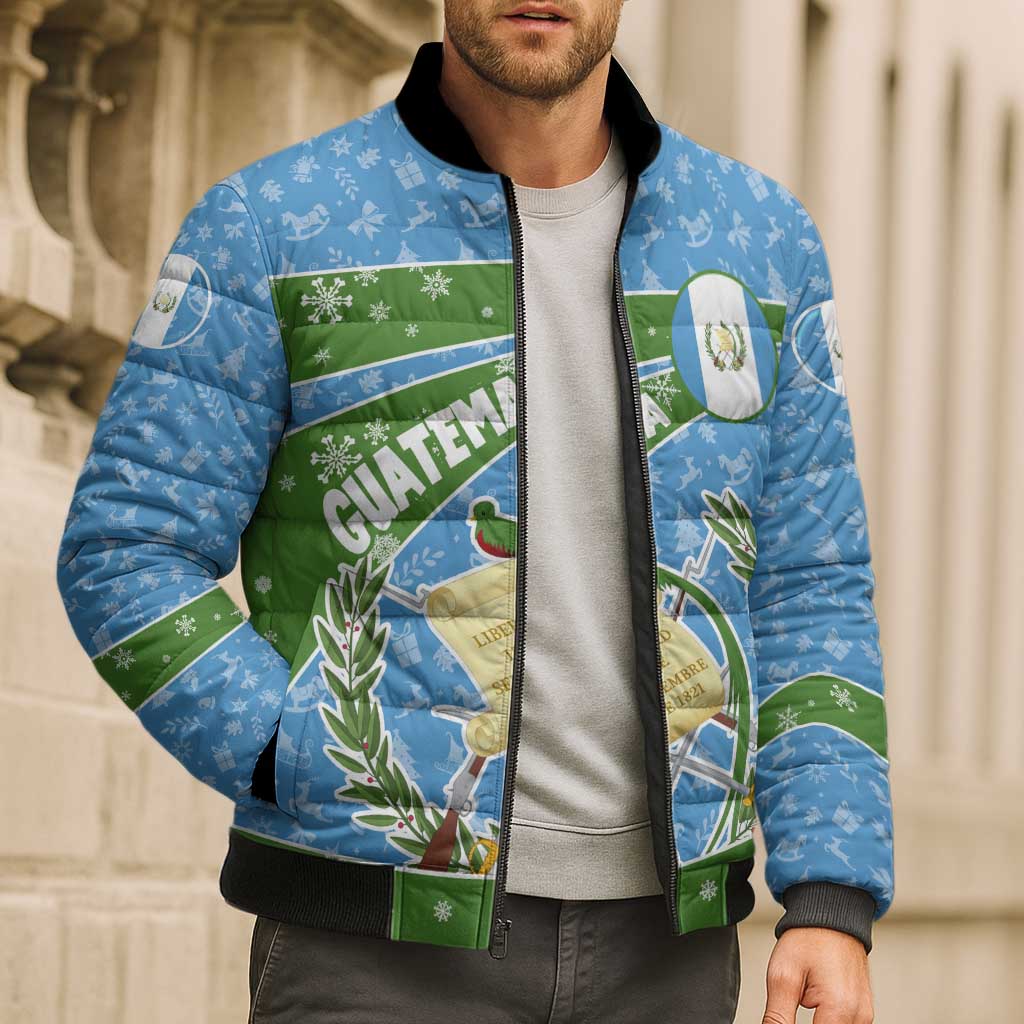 Guatemala Christmas Bomber Puffer Jacket with Blue Green Christmas Quetzal Bird Gift and Coat of Arms - Wonder Print Shop