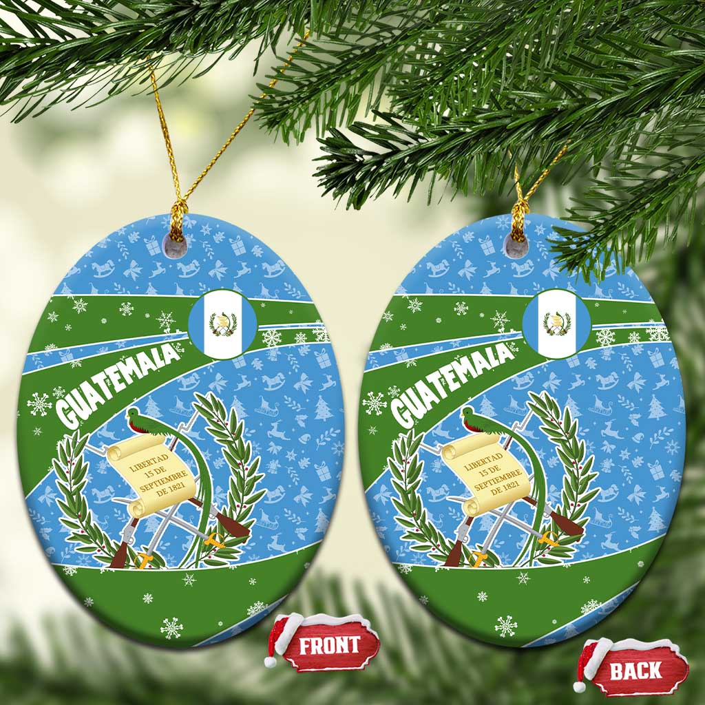 Guatemala Christmas Ceramic Ornament with Blue Green Christmas Quetzal Bird Gift and Coat of Arms - Wonder Print Shop