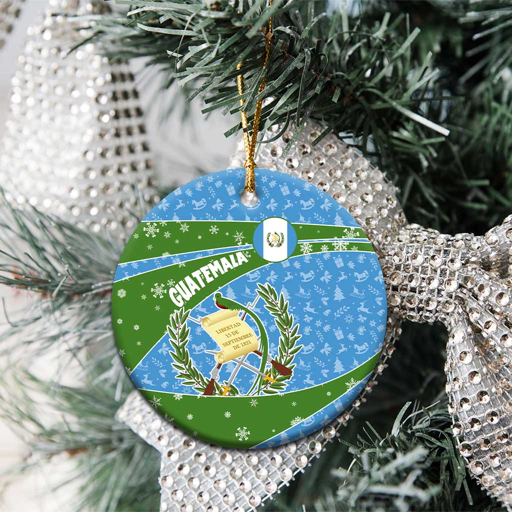 Guatemala Christmas Ceramic Ornament with Blue Green Christmas Quetzal Bird Gift and Coat of Arms - Wonder Print Shop