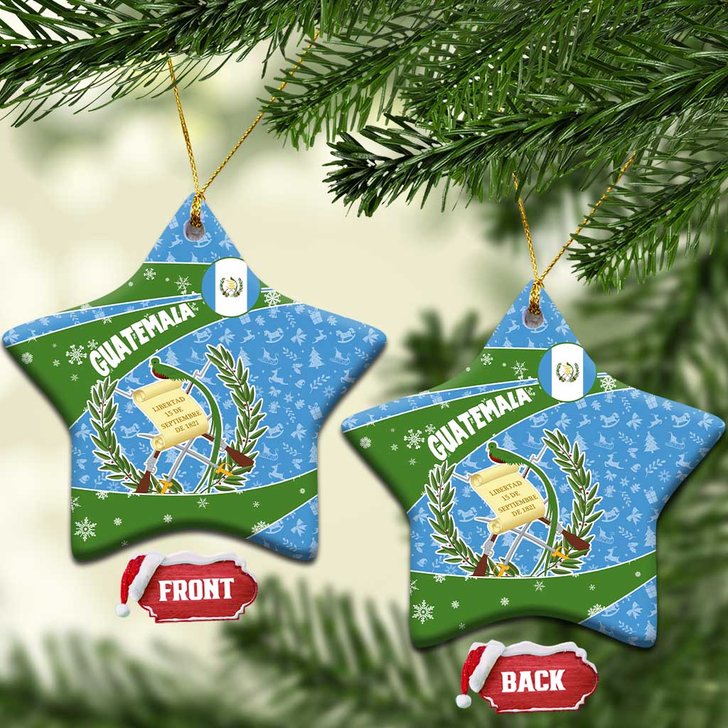 Guatemala Christmas Ceramic Ornament with Blue Green Christmas Quetzal Bird Gift and Coat of Arms - Wonder Print Shop