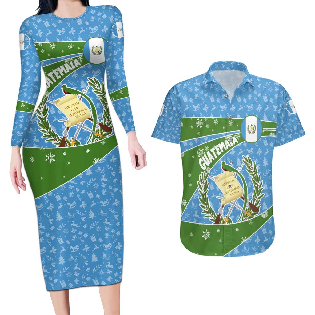 Guatemala Christmas Couples Matching Long Sleeve Bodycon Dress and Hawaiian Shirt with Blue Green Christmas Quetzal Bird Gift and Coat of Arms - Wonder Print Shop