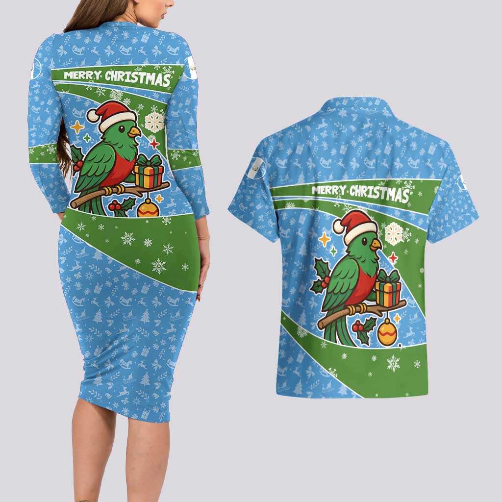 Guatemala Christmas Couples Matching Long Sleeve Bodycon Dress and Hawaiian Shirt with Blue Green Christmas Quetzal Bird Gift and Coat of Arms - Wonder Print Shop