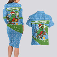 Guatemala Christmas Couples Matching Long Sleeve Bodycon Dress and Hawaiian Shirt with Blue Green Christmas Quetzal Bird Gift and Coat of Arms - Wonder Print Shop