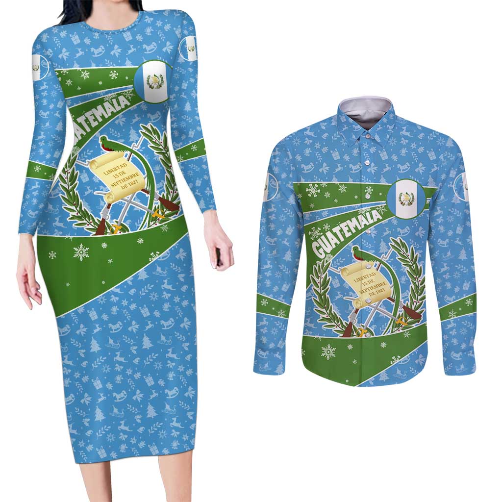 Guatemala Christmas Couples Matching Long Sleeve Bodycon Dress and Long Sleeve Button Shirt with Blue Green Christmas Quetzal Bird Gift and Coat of Arms - Wonder Print Shop