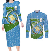 Guatemala Christmas Couples Matching Long Sleeve Bodycon Dress and Long Sleeve Button Shirt with Blue Green Christmas Quetzal Bird Gift and Coat of Arms - Wonder Print Shop