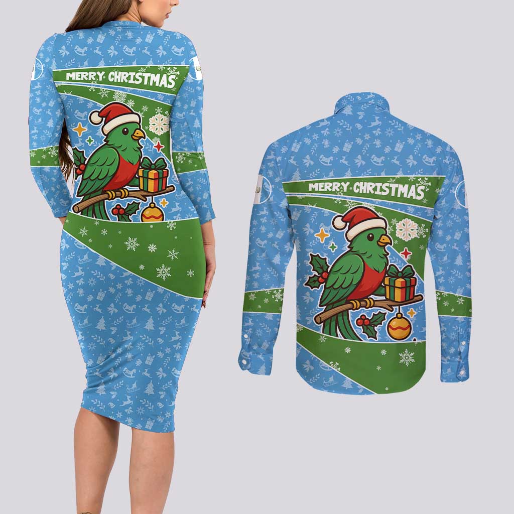 Guatemala Christmas Couples Matching Long Sleeve Bodycon Dress and Long Sleeve Button Shirt with Blue Green Christmas Quetzal Bird Gift and Coat of Arms - Wonder Print Shop