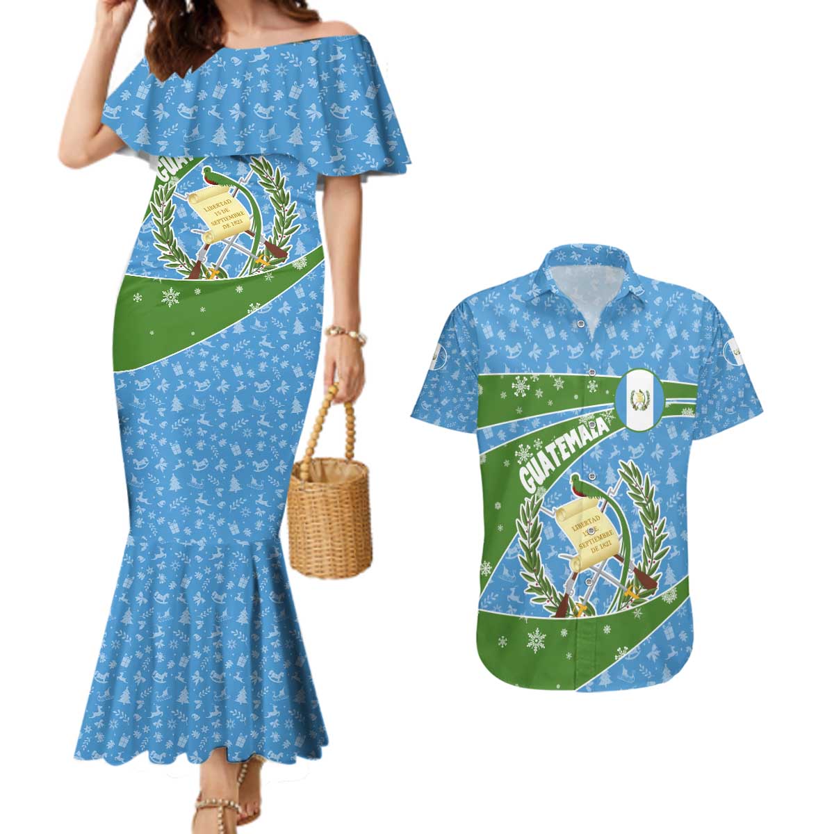Guatemala Christmas Couples Matching Mermaid Dress and Hawaiian Shirt with Blue Green Christmas Quetzal Bird Gift and Coat of Arms - Wonder Print Shop