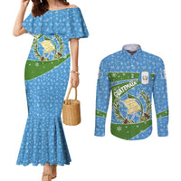 Guatemala Christmas Couples Matching Mermaid Dress and Long Sleeve Button Shirt with Blue Green Christmas Quetzal Bird Gift and Coat of Arms - Wonder Print Shop