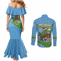 Guatemala Christmas Couples Matching Mermaid Dress and Long Sleeve Button Shirt with Blue Green Christmas Quetzal Bird Gift and Coat of Arms - Wonder Print Shop