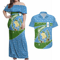 Guatemala Christmas Couples Matching Off Shoulder Maxi Dress and Hawaiian Shirt with Blue Green Christmas Quetzal Bird Gift and Coat of Arms - Wonder Print Shop