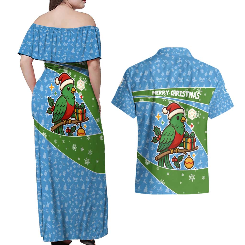 Guatemala Christmas Couples Matching Off Shoulder Maxi Dress and Hawaiian Shirt with Blue Green Christmas Quetzal Bird Gift and Coat of Arms - Wonder Print Shop