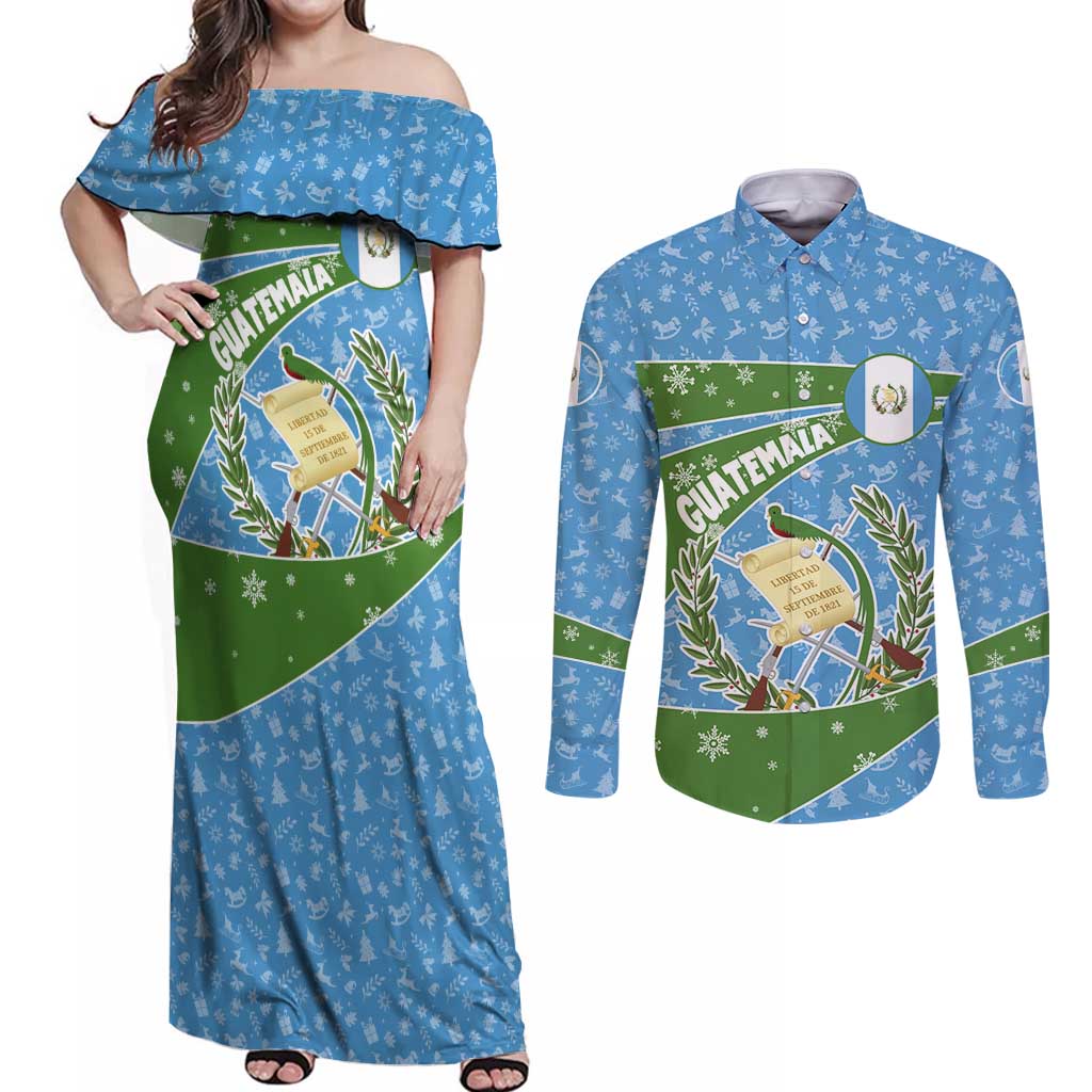 Guatemala Christmas Couples Matching Off Shoulder Maxi Dress and Long Sleeve Button Shirt with Blue Green Christmas Quetzal Bird Gift and Coat of Arms - Wonder Print Shop