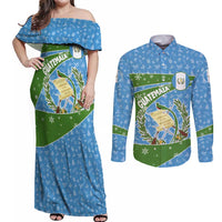 Guatemala Christmas Couples Matching Off Shoulder Maxi Dress and Long Sleeve Button Shirt with Blue Green Christmas Quetzal Bird Gift and Coat of Arms - Wonder Print Shop