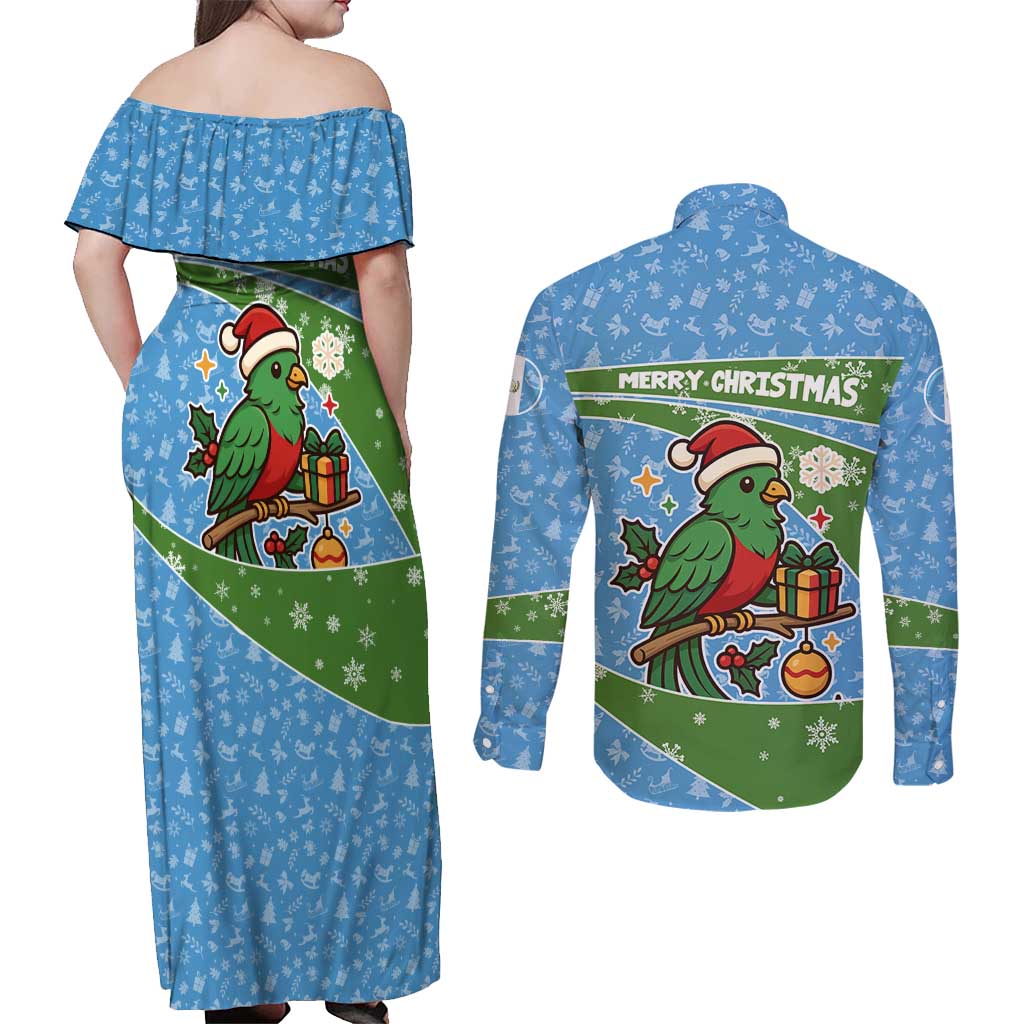 Guatemala Christmas Couples Matching Off Shoulder Maxi Dress and Long Sleeve Button Shirt with Blue Green Christmas Quetzal Bird Gift and Coat of Arms - Wonder Print Shop