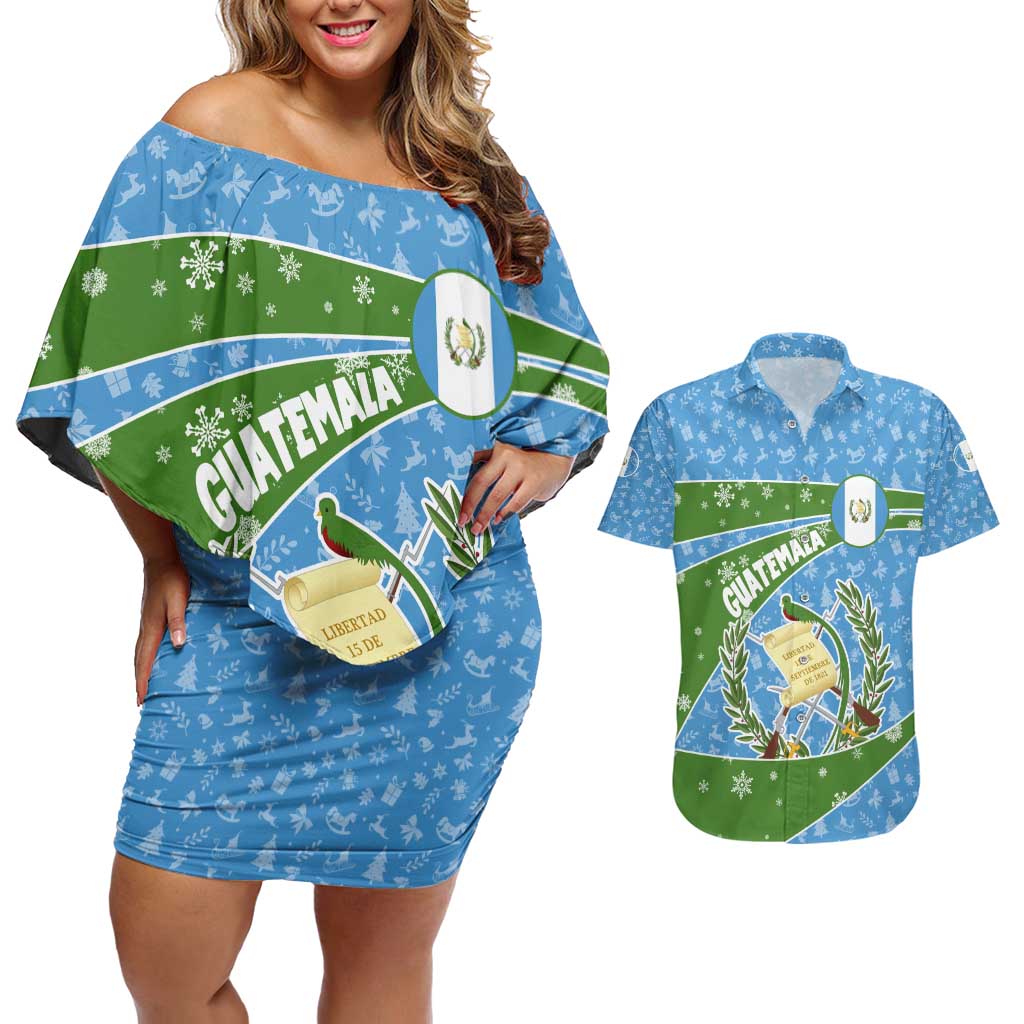 Guatemala Christmas Couples Matching Off Shoulder Short Dress and Hawaiian Shirt with Blue Green Christmas Quetzal Bird Gift and Coat of Arms - Wonder Print Shop
