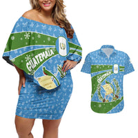 Guatemala Christmas Couples Matching Off Shoulder Short Dress and Hawaiian Shirt with Blue Green Christmas Quetzal Bird Gift and Coat of Arms - Wonder Print Shop