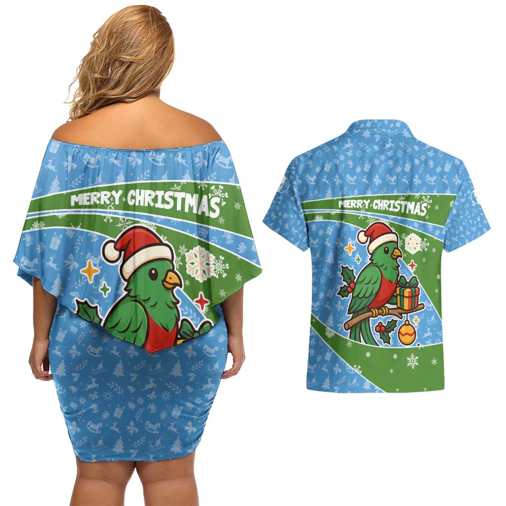 Guatemala Christmas Couples Matching Off Shoulder Short Dress and Hawaiian Shirt with Blue Green Christmas Quetzal Bird Gift and Coat of Arms - Wonder Print Shop