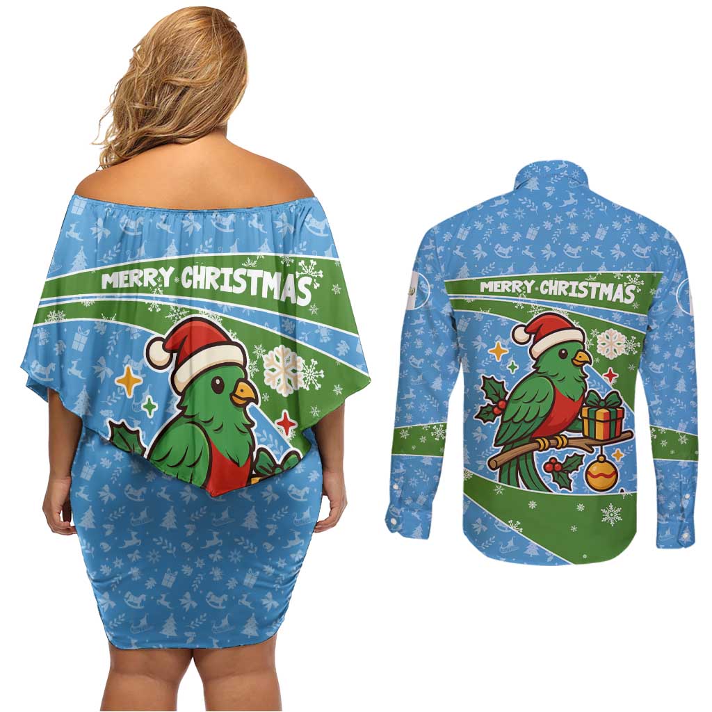Guatemala Christmas Couples Matching Off Shoulder Short Dress and Long Sleeve Button Shirt with Blue Green Christmas Quetzal Bird Gift and Coat of Arms - Wonder Print Shop