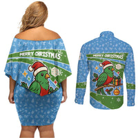 Guatemala Christmas Couples Matching Off Shoulder Short Dress and Long Sleeve Button Shirt with Blue Green Christmas Quetzal Bird Gift and Coat of Arms - Wonder Print Shop