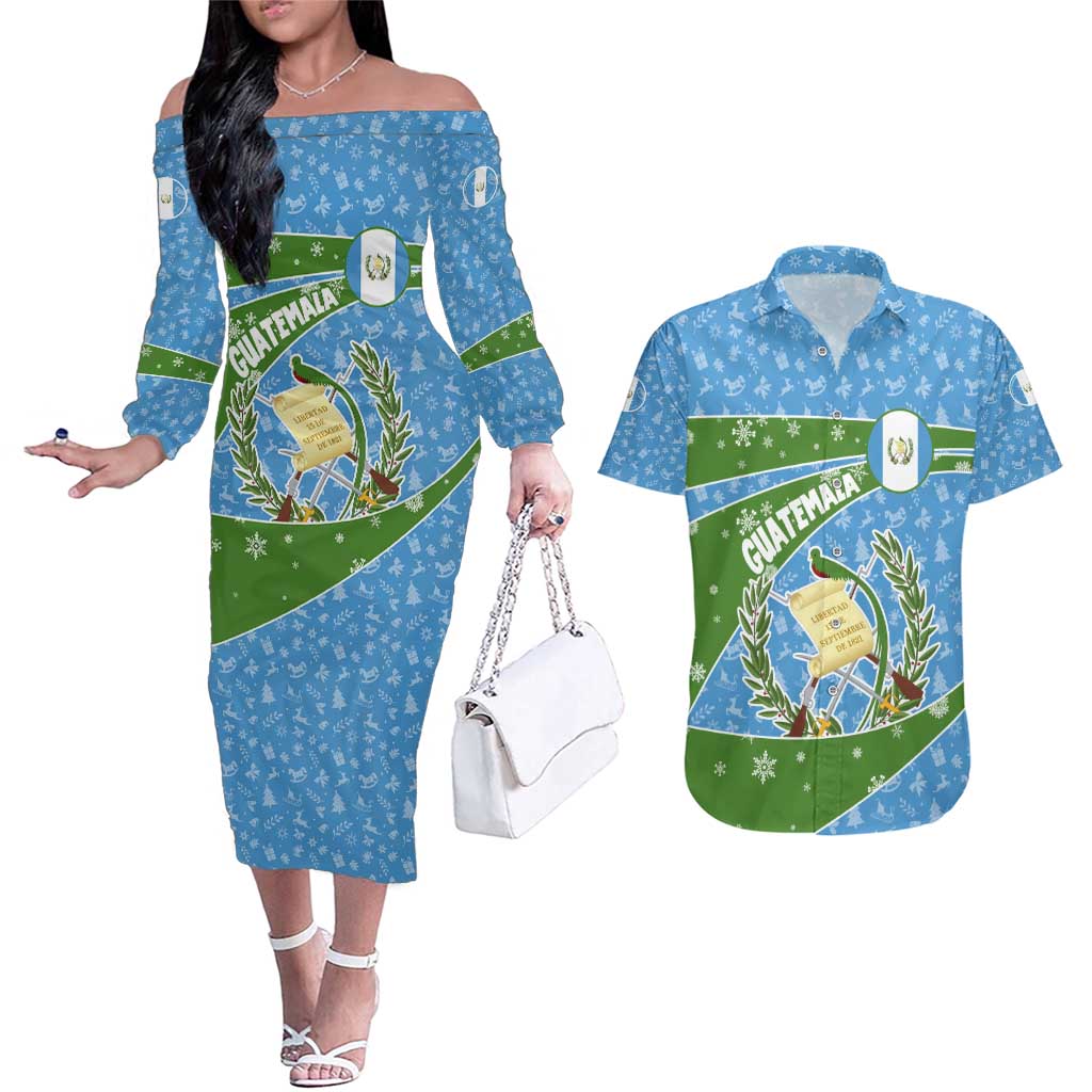 Guatemala Christmas Couples Matching Off The Shoulder Long Sleeve Dress and Hawaiian Shirt with Blue Green Christmas Quetzal Bird Gift and Coat of Arms - Wonder Print Shop