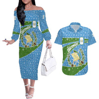Guatemala Christmas Couples Matching Off The Shoulder Long Sleeve Dress and Hawaiian Shirt with Blue Green Christmas Quetzal Bird Gift and Coat of Arms - Wonder Print Shop