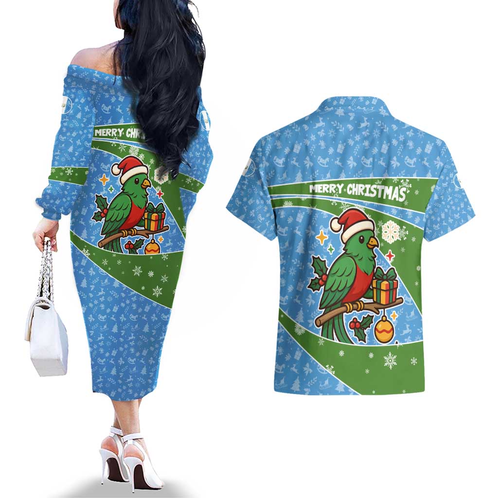 Guatemala Christmas Couples Matching Off The Shoulder Long Sleeve Dress and Hawaiian Shirt with Blue Green Christmas Quetzal Bird Gift and Coat of Arms - Wonder Print Shop