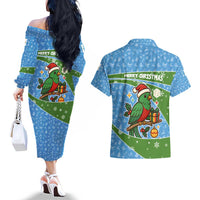 Guatemala Christmas Couples Matching Off The Shoulder Long Sleeve Dress and Hawaiian Shirt with Blue Green Christmas Quetzal Bird Gift and Coat of Arms - Wonder Print Shop