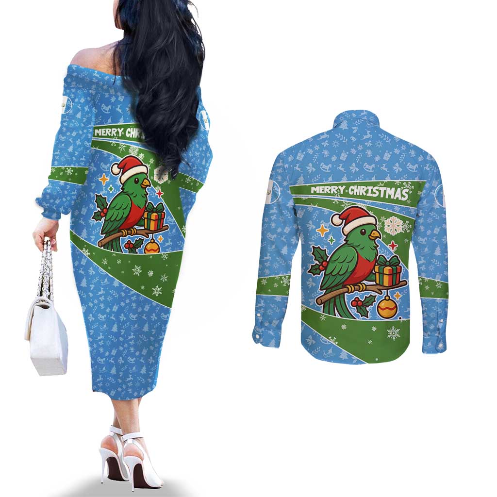 Guatemala Christmas Couples Matching Off The Shoulder Long Sleeve Dress and Long Sleeve Button Shirt with Blue Green Christmas Quetzal Bird Gift and Coat of Arms - Wonder Print Shop