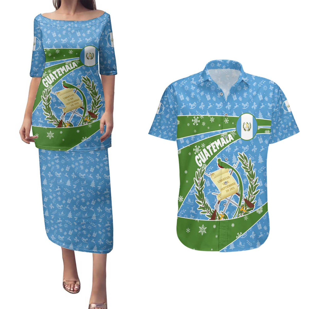 Guatemala Christmas Couples Matching Puletasi and Hawaiian Shirt with Blue Green Christmas Quetzal Bird Gift and Coat of Arms - Wonder Print Shop