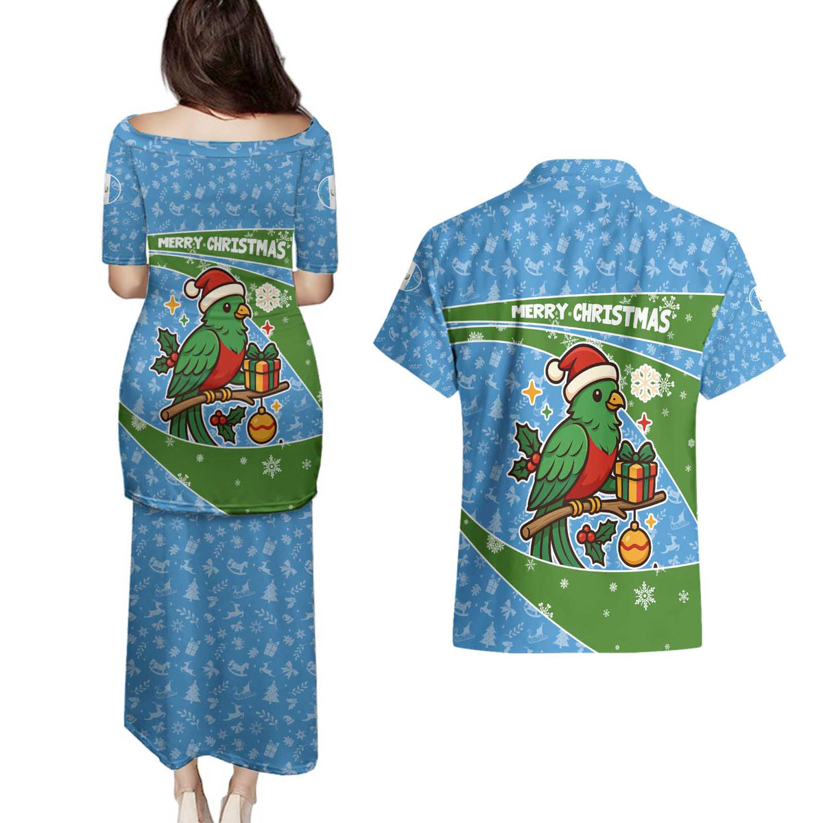Guatemala Christmas Couples Matching Puletasi and Hawaiian Shirt with Blue Green Christmas Quetzal Bird Gift and Coat of Arms - Wonder Print Shop