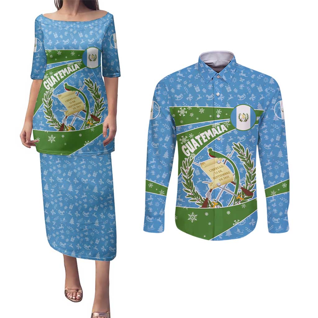 Guatemala Christmas Couples Matching Puletasi and Long Sleeve Button Shirt with Blue Green Christmas Quetzal Bird Gift and Coat of Arms - Wonder Print Shop