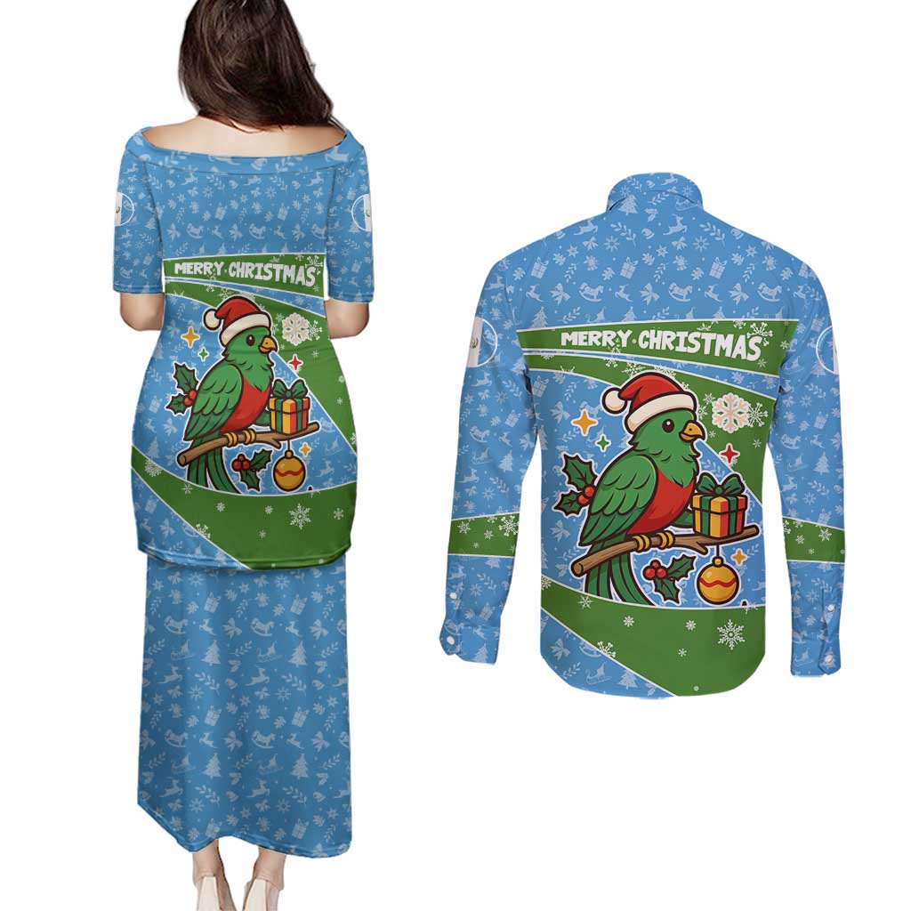Guatemala Christmas Couples Matching Puletasi and Long Sleeve Button Shirt with Blue Green Christmas Quetzal Bird Gift and Coat of Arms - Wonder Print Shop