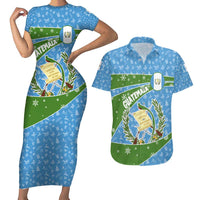 Guatemala Christmas Couples Matching Short Sleeve Bodycon Dress and Hawaiian Shirt with Blue Green Christmas Quetzal Bird Gift and Coat of Arms - Wonder Print Shop