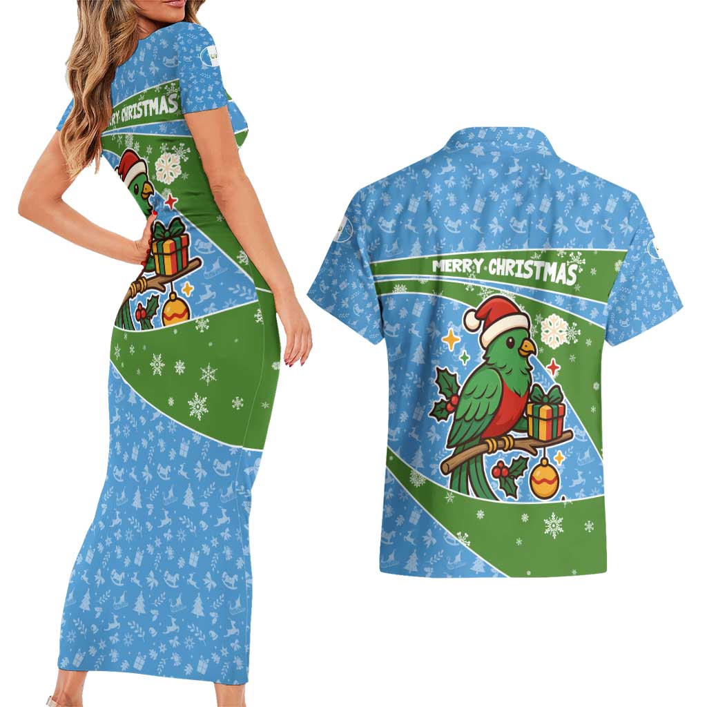 Guatemala Christmas Couples Matching Short Sleeve Bodycon Dress and Hawaiian Shirt with Blue Green Christmas Quetzal Bird Gift and Coat of Arms - Wonder Print Shop