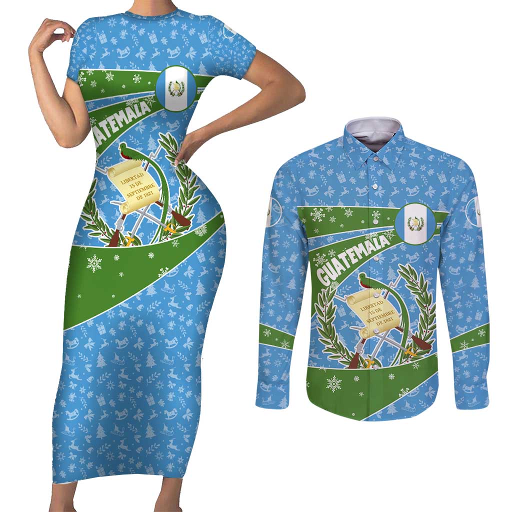 Guatemala Christmas Couples Matching Short Sleeve Bodycon Dress and Long Sleeve Button Shirt with Blue Green Christmas Quetzal Bird Gift and Coat of Arms - Wonder Print Shop