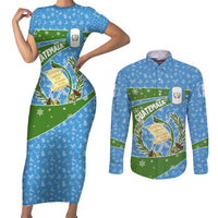 Guatemala Christmas Couples Matching Short Sleeve Bodycon Dress and Long Sleeve Button Shirt with Blue Green Christmas Quetzal Bird Gift and Coat of Arms - Wonder Print Shop