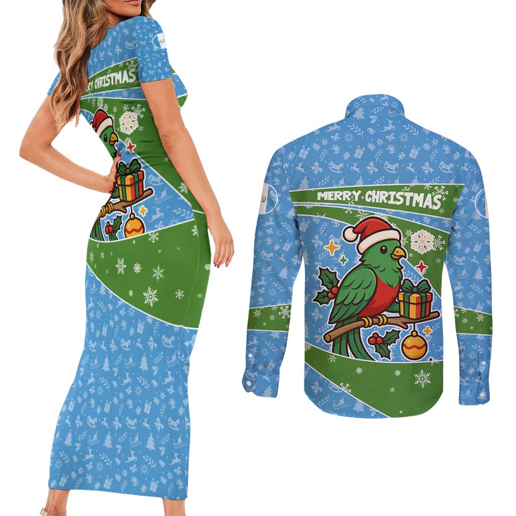 Guatemala Christmas Couples Matching Short Sleeve Bodycon Dress and Long Sleeve Button Shirt with Blue Green Christmas Quetzal Bird Gift and Coat of Arms - Wonder Print Shop