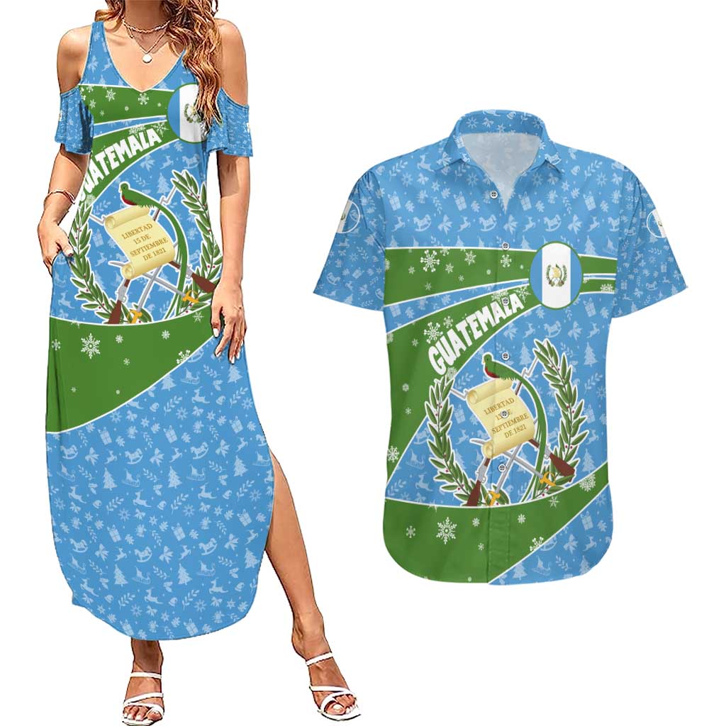 Guatemala Christmas Couples Matching Summer Maxi Dress and Hawaiian Shirt with Blue Green Christmas Quetzal Bird Gift and Coat of Arms - Wonder Print Shop