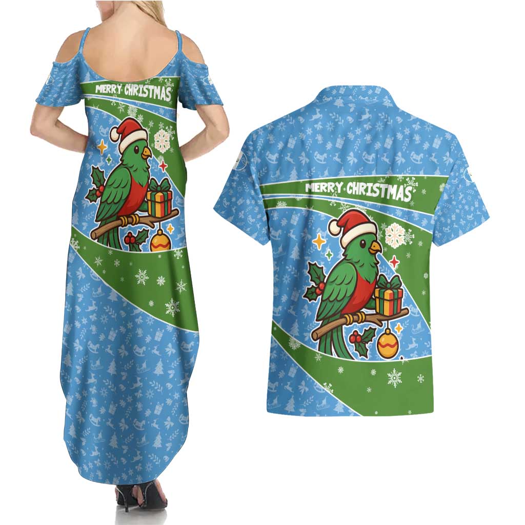 Guatemala Christmas Couples Matching Summer Maxi Dress and Hawaiian Shirt with Blue Green Christmas Quetzal Bird Gift and Coat of Arms - Wonder Print Shop