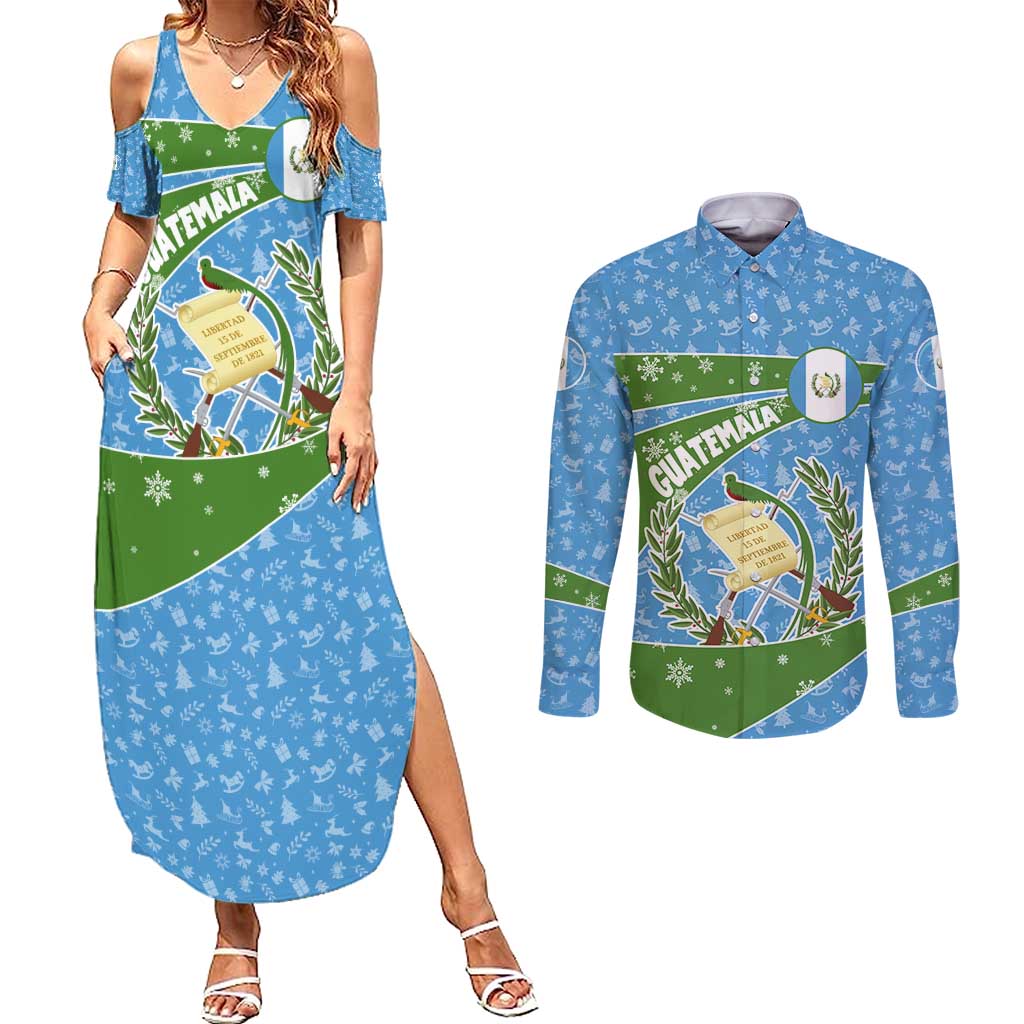 Guatemala Christmas Couples Matching Summer Maxi Dress and Long Sleeve Button Shirt with Blue Green Christmas Quetzal Bird Gift and Coat of Arms - Wonder Print Shop