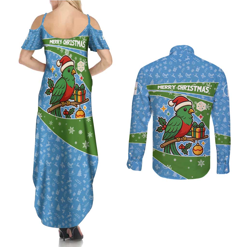 Guatemala Christmas Couples Matching Summer Maxi Dress and Long Sleeve Button Shirt with Blue Green Christmas Quetzal Bird Gift and Coat of Arms - Wonder Print Shop