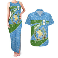 Guatemala Christmas Couples Matching Tank Maxi Dress and Hawaiian Shirt with Blue Green Christmas Quetzal Bird Gift and Coat of Arms - Wonder Print Shop