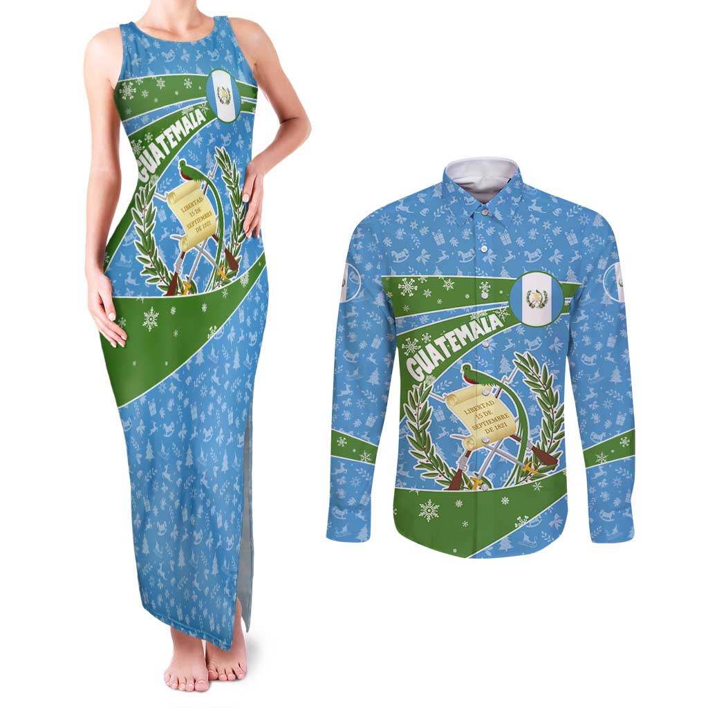Guatemala Christmas Couples Matching Tank Maxi Dress and Long Sleeve Button Shirt with Blue Green Christmas Quetzal Bird Gift and Coat of Arms - Wonder Print Shop