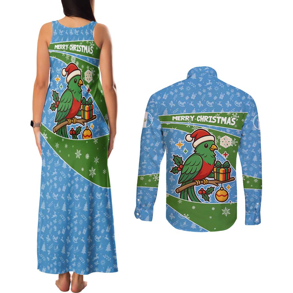 Guatemala Christmas Couples Matching Tank Maxi Dress and Long Sleeve Button Shirt with Blue Green Christmas Quetzal Bird Gift and Coat of Arms - Wonder Print Shop